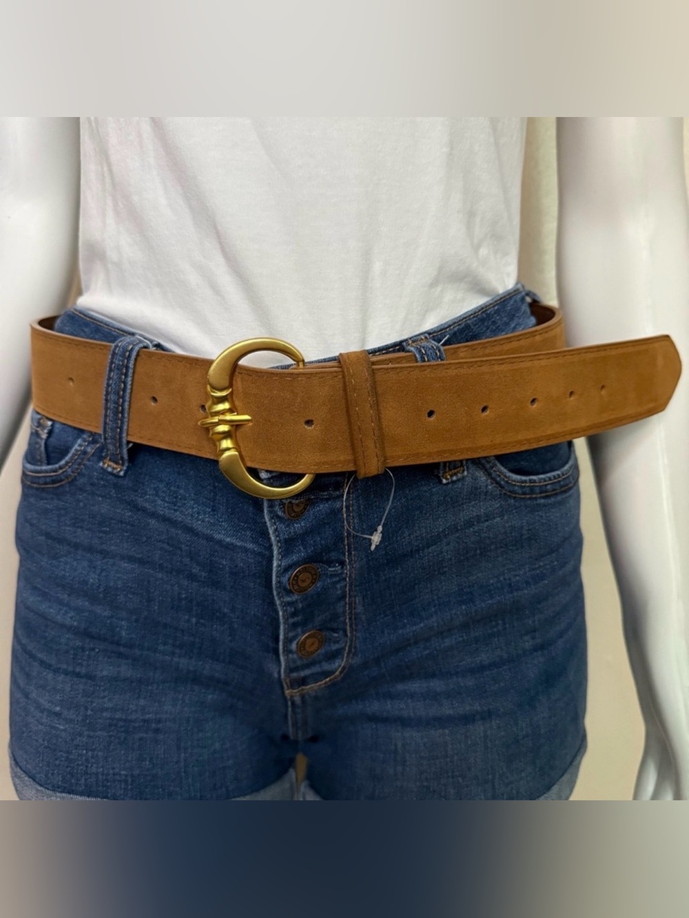 Brown PU suede leather belt with gold tone buckle